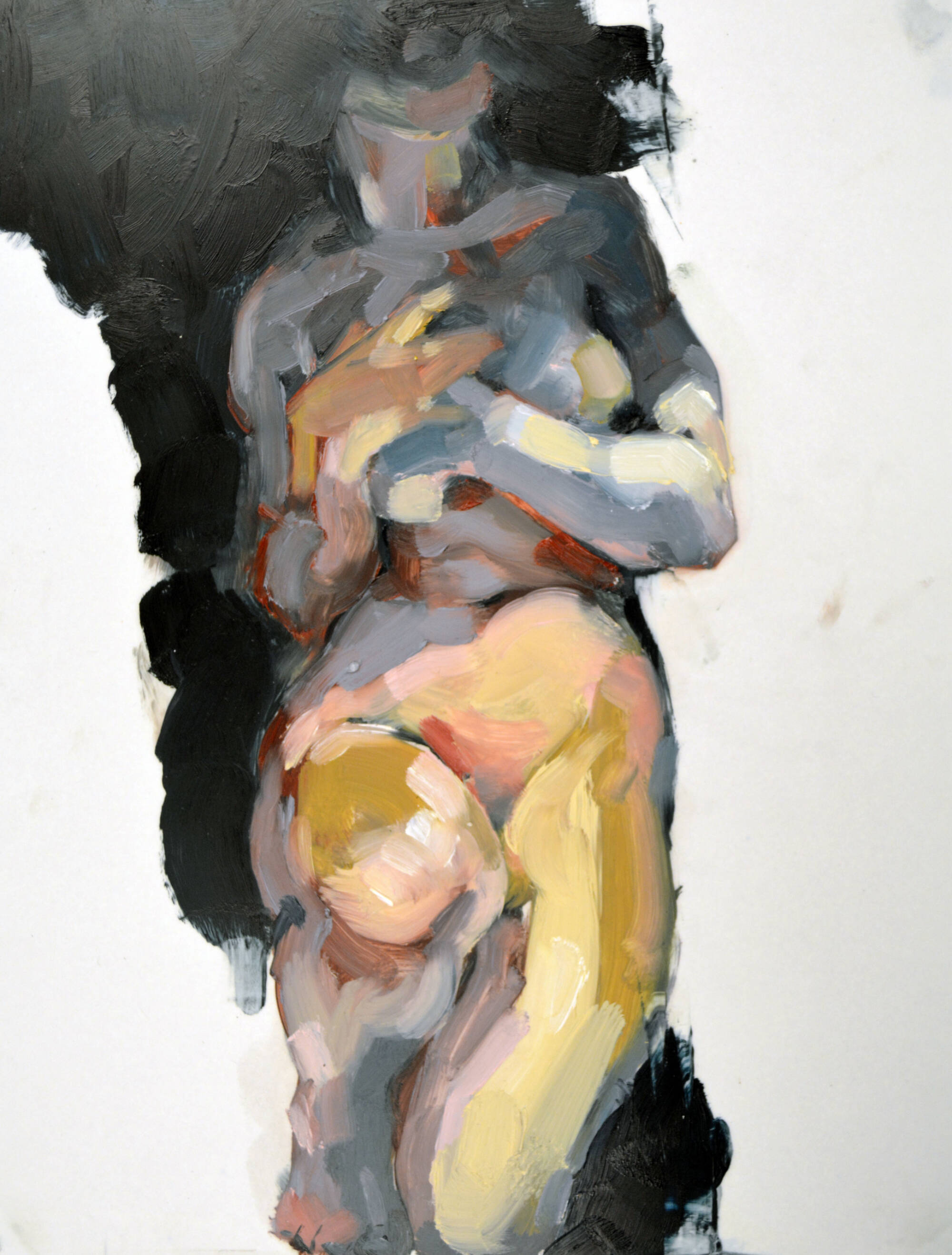 Abstract female nude oil painting with arms crossed over chest and one leg up, bent at the knee.